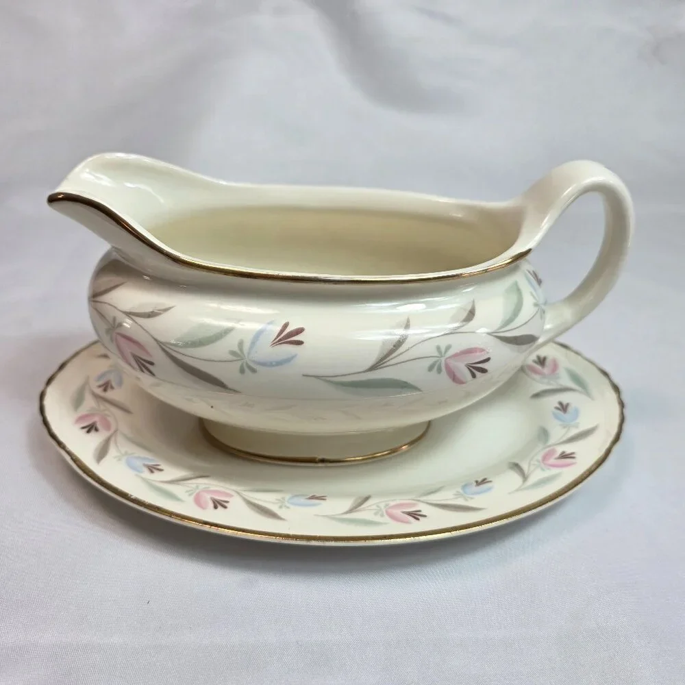 Homer Laughlin Nantucket Gravy Boat with Underplate Pink & Blue Flowers
